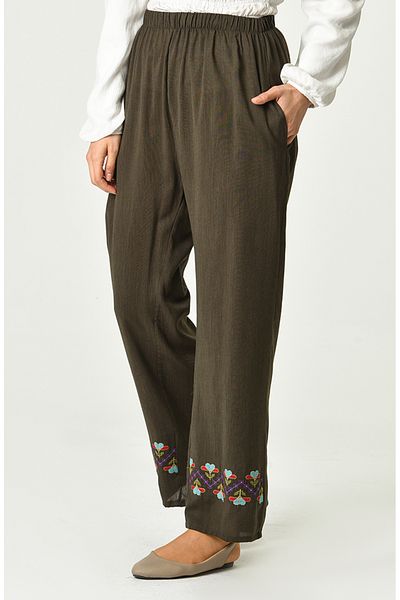 sefamerve Pantaloni brodați din viscoză 8080-01 kaki