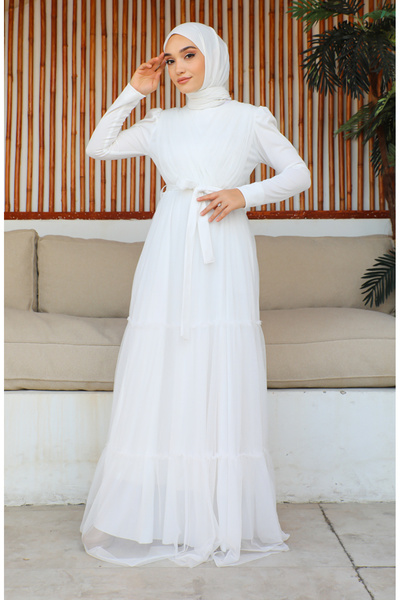 sefamerve Pileli Tül Abiye Elbise 5562-10 Ekru