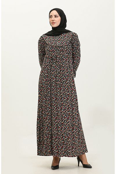sefamerve Φόρεμα με μοτίβο Viscose Plus Size - Μαύρο Χακί 4473-01