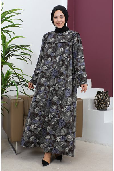 sefamerve Βαμβακερό χτενισμένο φόρεμα με σχέδιο Plus Size - 4470-04 Καφέ