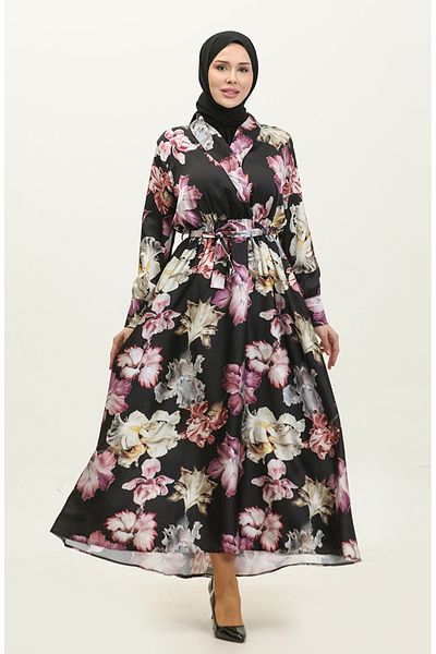 sefamerve Σατέν βραδινό φόρεμα 5349-01 - Floral print, μαύρο πράσινο