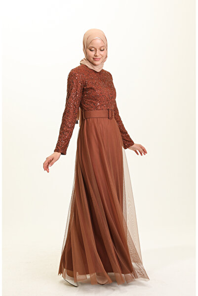 sefamerve Kemerli Abiye Elbise 5353-16 Taba