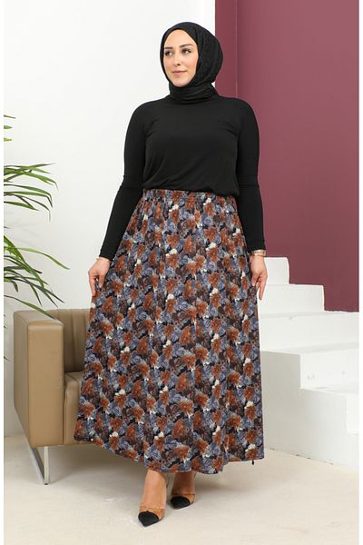 sefamerve Ελαστική μέση φούστα σε γκρι στάμπα Plus Size - 2830A-04