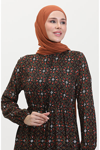 sefamerve Desenli Düğmeli Viskon Elbise 0441-04 Siyah Turuncu
