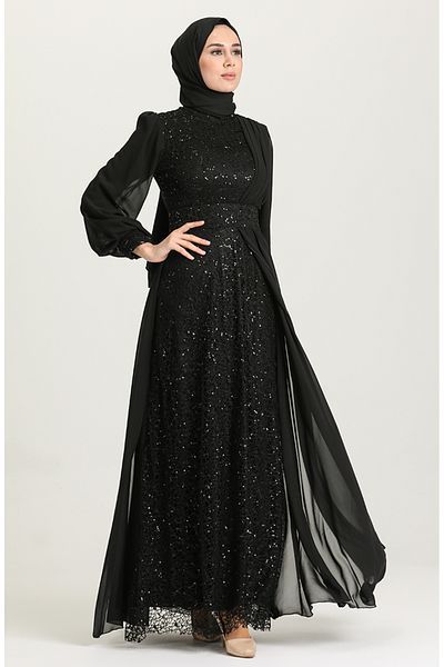 sefamerve Black Sequined Evening Dress - 5408-02
