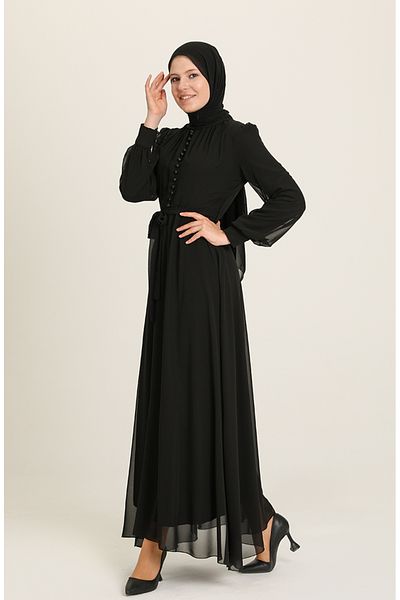 sefamerve Schwarzes Chiffon-Abendkleid – Knopfdetail, Modell 5695-01