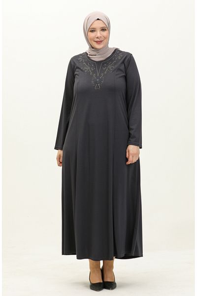 sefamerve Γκρι Κεντημένο Φόρεμα Plus Size - 4952-06