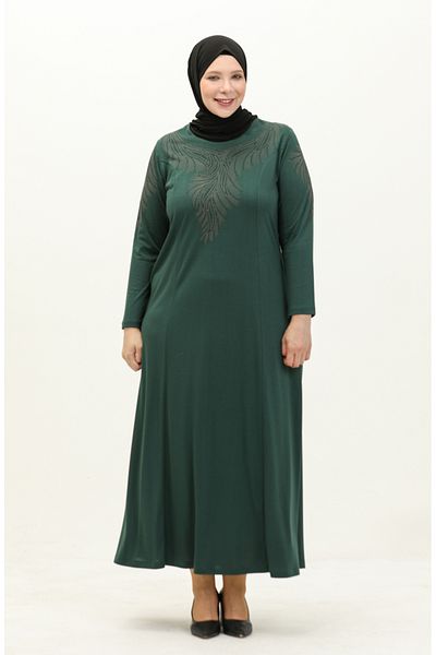 sefamerve Emerald Green Stone Printed Plus Size Φόρεμα - 4946-07