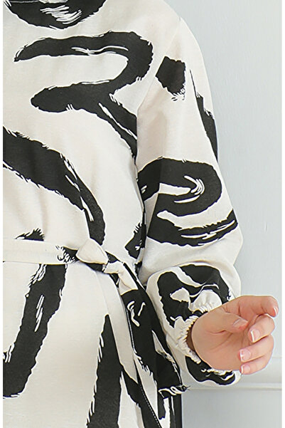 sefamerve Desenli Kuşaklı Keten Elbise 0471A-06 Bej Siyah