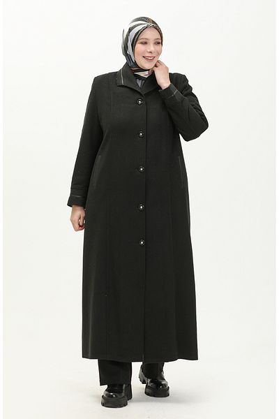 sefamerve Μαύρο μανδύα με στάμπα - Plus Size, Ολόσωμο κουμπιά 0329-01
