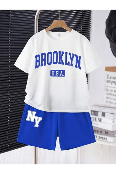 vinraus Girl\Boy White-Sax Blue Brooklyn Ny Printed Combed Cotton Shorts-Tshirt Set