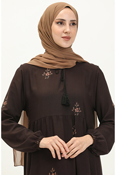sefamerve Desenli Viskon Elbise 4083-09 Koyu Kahverengi