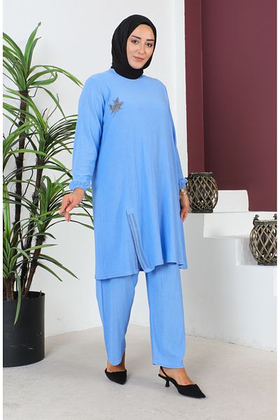 sefamerve Σετ χιτώνα και παντελονιού Plus Size Blue Twisted - 2608-09