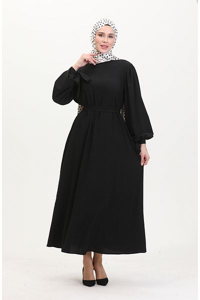 sefamerve Schwarzes Kleid mit gerafften Ärmeln – 1053-01