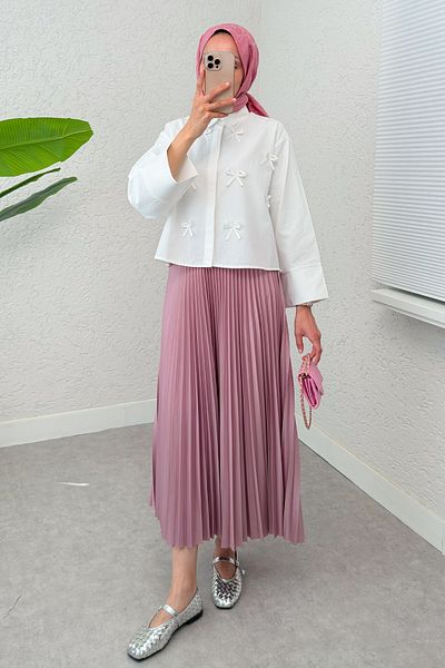 Salih Çelebi Bow Detailed Midi Shirt 2549 - White