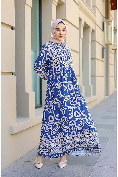sefamerve 4101-01 Φόρεμα με στάμπα Indigo Half Placket