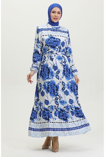sefamerve Saks Colorful Viscose Large Floral Pattern - Φόρεμα με ζώνη 0386-03