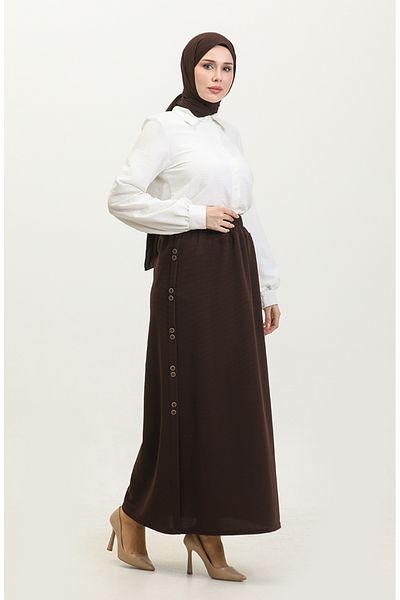 sefamerve Καφέ Φούστα 4206-04 - Plus Size, Λεπτομέρεια με Κουμπί