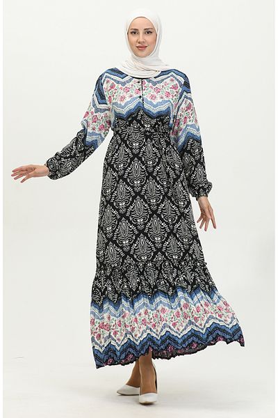 sefamerve Amelya 4588B-03 - Μαύρο φόρεμα βισκόζης Indigo με ζώνη σε μεγάλο μέγεθος