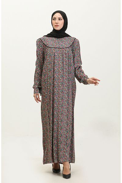 sefamerve Φόρεμα με μοτίβο Viscose Plus Size - Μαύρο Χακί 4473G-03