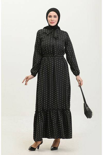 sefamerve Schwarzes Kleid mit Druckknopfmuster und Gürtel – 0383-01