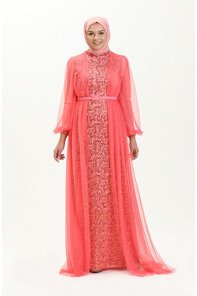 sefamerve Coral Sequin Belted Evening Dress - 5383-15