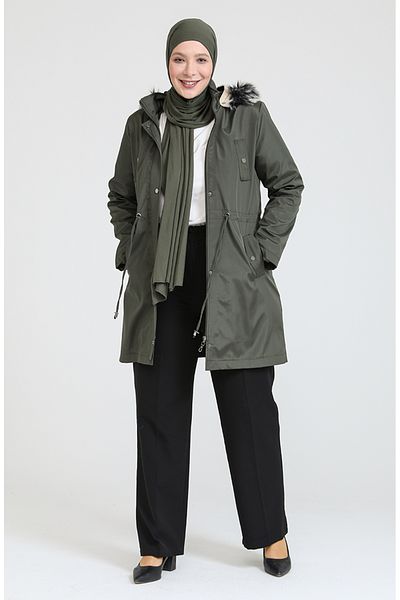 sefamerve Χακί κοντό παλτό - Plus Size, Bondit Fabric 10455-04