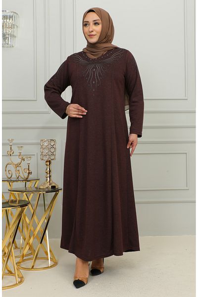 sefamerve Φόρεμα με κέντημα από βισκόζη Plus Size - 4956-05 Καφέ