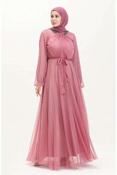 sefamerve 5414-01 Μοντέλο Dusty Rose Stone Λεπτομερές βραδινό φόρεμα από τούλι