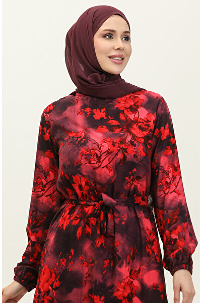 sefamerve Ahsen Çiçek Desenli Viskon Elbise 0329-11 Lacivert Kırmızı