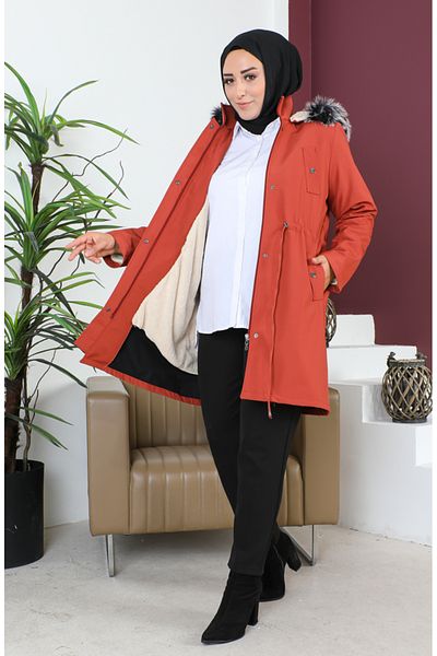 sefamerve Κοντό παλτό χρώματος τούβλο - Plus Size Bondit 10455-09