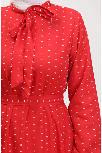 sefamerve Red Belted Patterned Dress - 0383-02