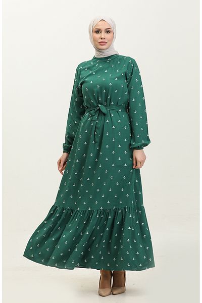 sefamerve Emerald Green Berra Viscose φόρεμα - Anchor Pattern, βαμβακερό 0344-02