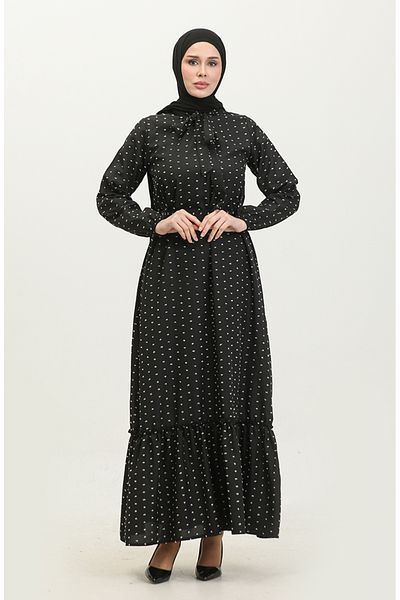 sefamerve Schwarzes Kleid mit Druckknopfmuster und Gürtel – 0383-01