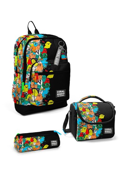 Coral High Set de 3 genți de școală cu model de desene animate negre pentru c...