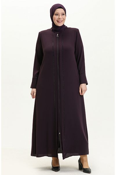 sefamerve Stone Detailed Plus Size Ferace 5051-04 - Plum