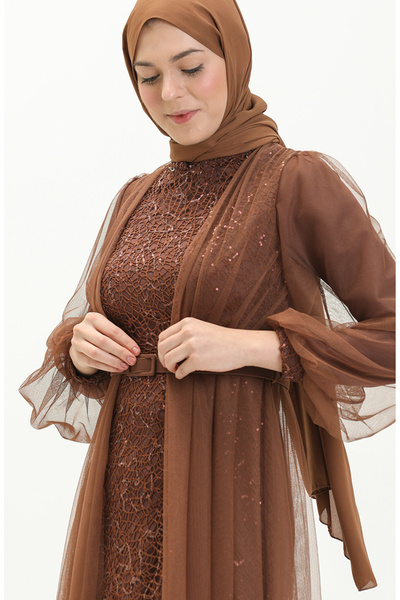 sefamerve Payet Kemerli Abiye Elbise 5383-23 Kahverengi