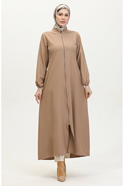 sefamerve Kol Ucu Lastikli Fermuarlı Düz Ferace 1013-04 Bej