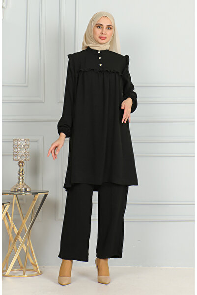 sefamerve Aerobin Fabric - Ruffle Tunic and Trousers Set 1009-03 Black