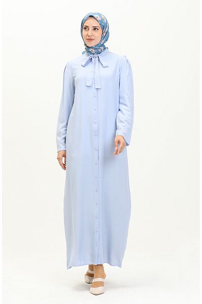 sefamerve Rochie albastră cu nasturi cu guler cravată - 5111-05