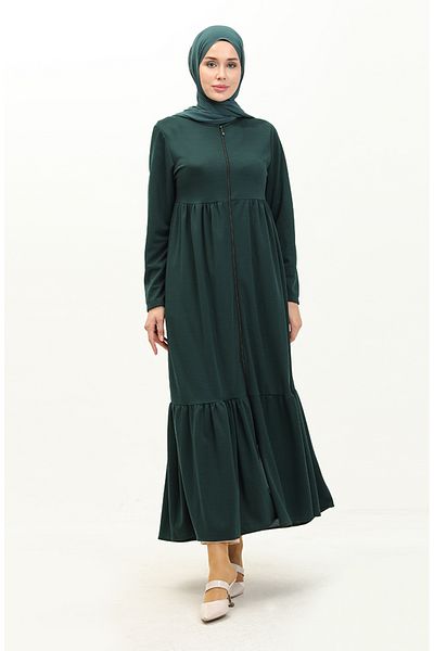 sefamerve Emerald Green Zippered Gathered Ferace - 0695-06