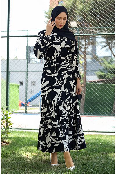 sefamerve Navy Blue Patterned Belted Dress - 0444-02