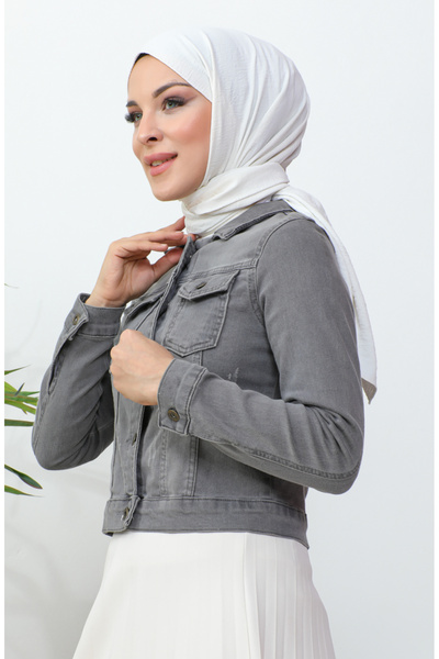 sefamerve Düğmeli Bolero Kot Ceket 37001-05 Açık Gri