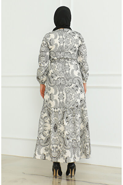 sefamerve Vzorované plátěné šaty s páskem 0471C-03 Černá