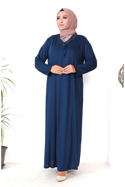sefamerve Navy Blue Stone Printed Plus Size Χτενισμένο Βαμβακερό Φόρεμα - 4932-09