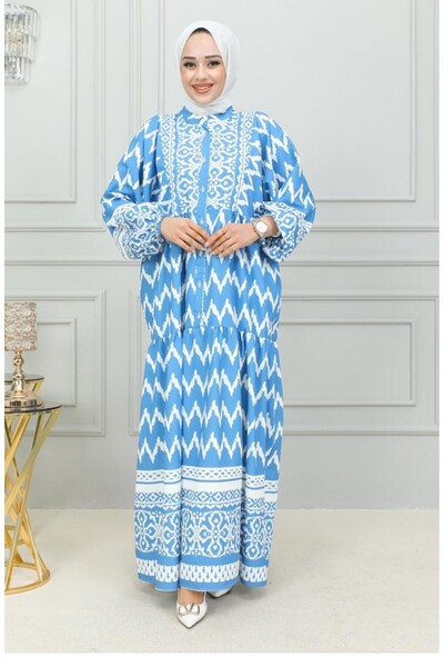 sefamerve Blaues Hijab-Kleid mit Digitaldruck – 0300-02