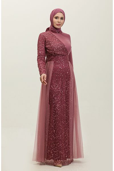 sefamerve 5345A-05 Μοντέλο Dusty Rose Sequined βραδινό φόρεμα