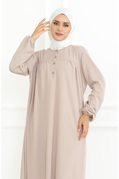 sefamerve Mink Colored Buttoned Dress with Elastic Sleeves - 3031-06