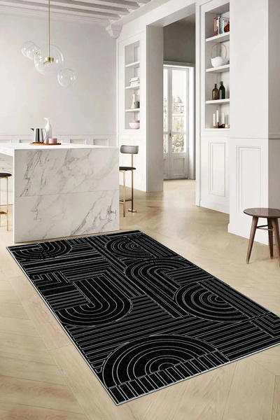 Hülya Home Mutfak Halısı Geometrik İskandinav Eskitmeli Dijital Baskı Yıkanab...