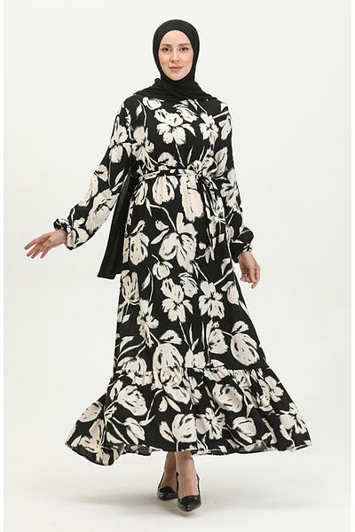 sefamerve Φόρεμα Viscose Black Green Floral Print - 5007-04
